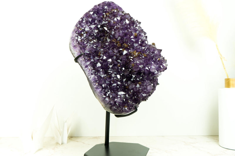 World - Class Amethyst Geode Flower on Stand with Sparkling Purple Druzy and Rare Goethite Spheres - E2D Crystals & Minerals