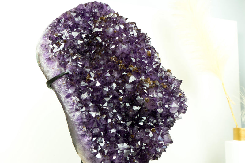 World - Class Amethyst Geode Flower on Stand with Sparkling Purple Druzy and Rare Goethite Spheres - E2D Crystals & Minerals