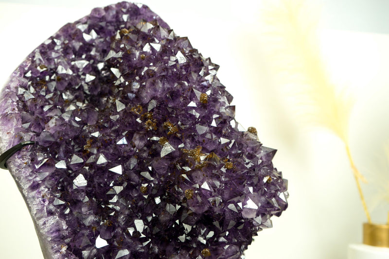 World - Class Amethyst Geode Flower on Stand with Sparkling Purple Druzy and Rare Goethite Spheres - E2D Crystals & Minerals