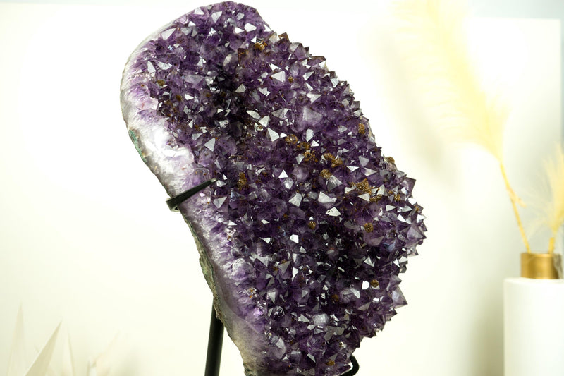 World - Class Amethyst Geode Flower on Stand with Sparkling Purple Druzy and Rare Goethite Spheres - E2D Crystals & Minerals