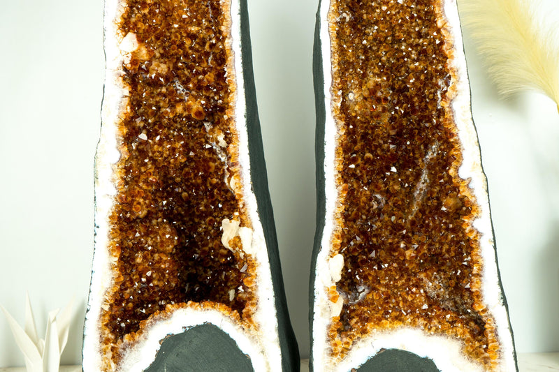 The King and Queen Pair of Citrine Geode Cathedrals with Madeira Citrine on White Agate - E2D Crystals & Minerals