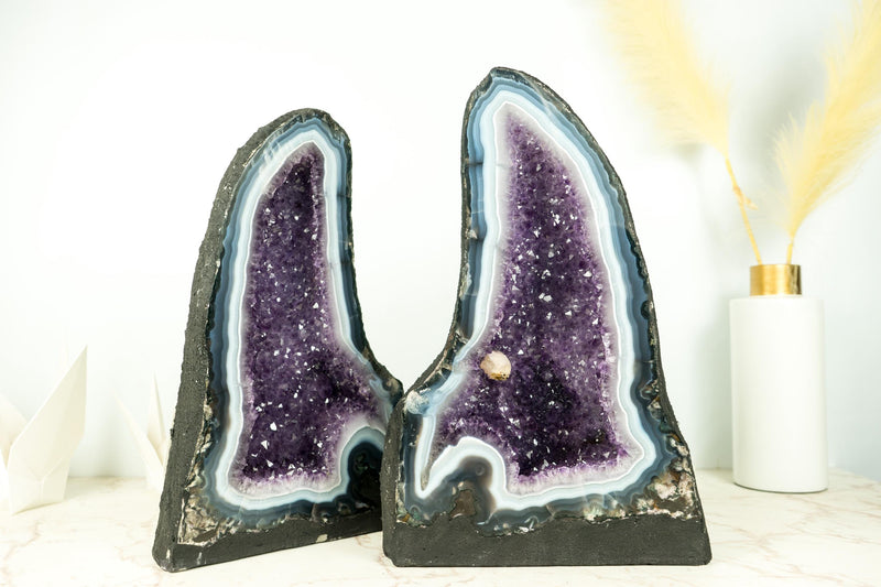 Pair of Natural Rare Agate Geode Cathedrals with Bold White & Blue Lace Agate, Lavender Purple Amethyst and Calcite - 64 Lb - E2D Crystals & Minerals