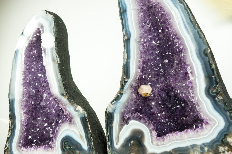 Pair of Natural Rare Agate Geode Cathedrals with Bold White & Blue Lace Agate, Lavender Purple Amethyst and Calcite - 64 Lb - E2D Crystals & Minerals