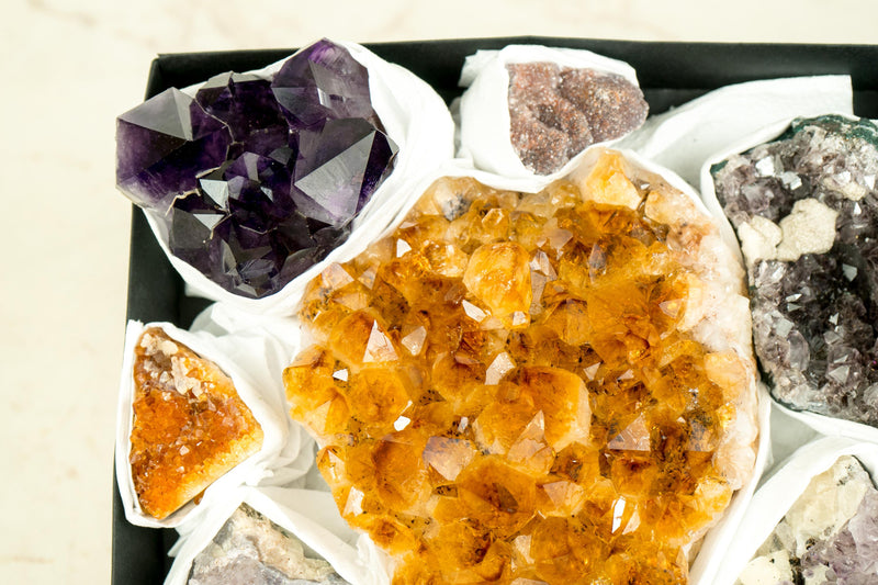 High - Quality, Mixed Amethyst and Citrine Mineral Flat Box, Rare Crystals - E2D Crystals & Minerals