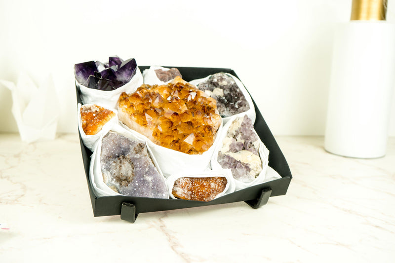 High - Quality, Mixed Amethyst and Citrine Mineral Flat Box, Rare Crystals - E2D Crystals & Minerals