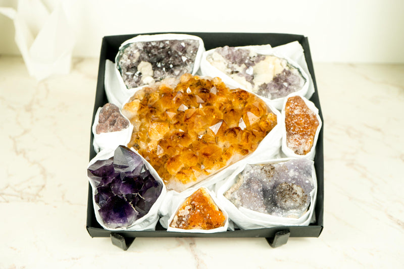 High - Quality, Mixed Amethyst and Citrine Mineral Flat Box, Rare Crystals - E2D Crystals & Minerals