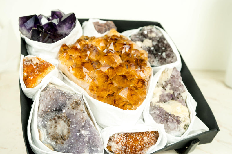 High - Quality, Mixed Amethyst and Citrine Mineral Flat Box, Rare Crystals - E2D Crystals & Minerals