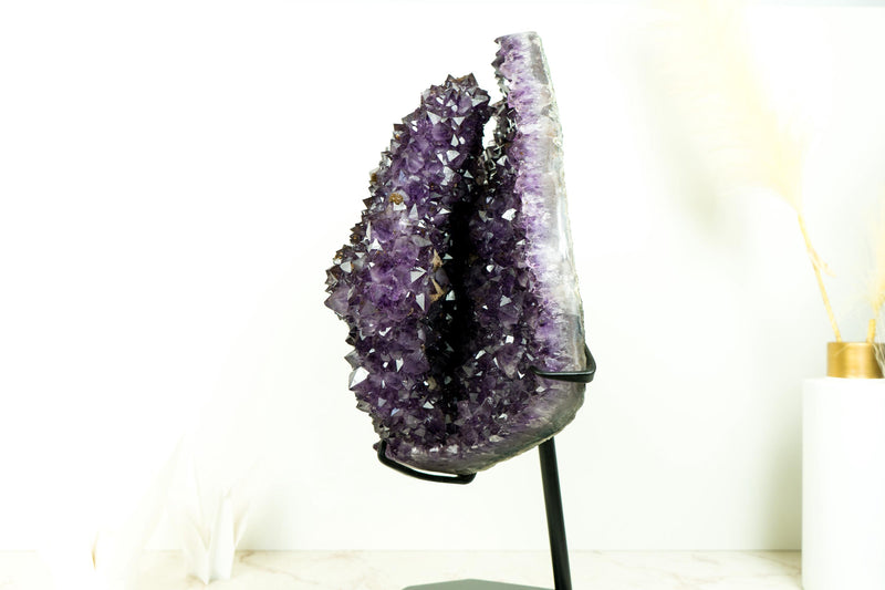 World - Class Amethyst Geode Flower on Stand with Sparkling Purple Druzy and Rare Goethite Spheres - E2D Crystals & Minerals