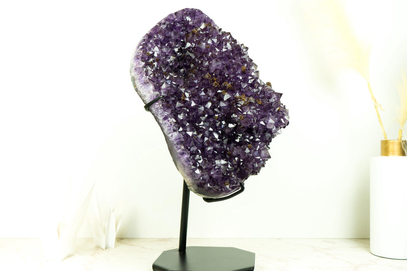 World - Class Amethyst Geode Flower on Stand with Sparkling Purple Druzy and Rare Goethite Spheres - E2D Crystals & Minerals