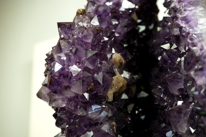 World - Class Amethyst Geode Flower on Stand with Sparkling Purple Druzy and Rare Goethite Spheres - E2D Crystals & Minerals