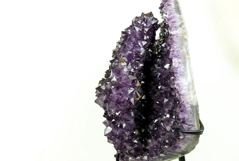 World - Class Amethyst Geode Flower on Stand with Sparkling Purple Druzy and Rare Goethite Spheres - E2D Crystals & Minerals