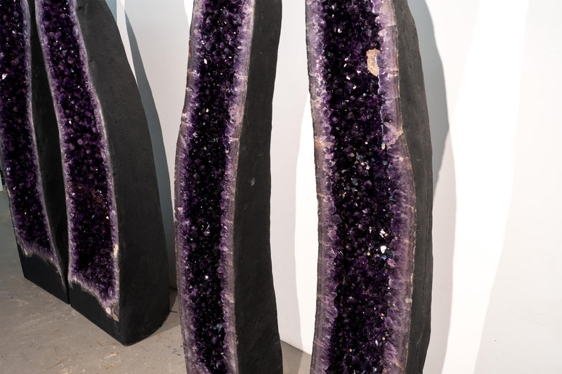 6 Ft Tall Pair of Large Dark Purple Amethyst Geodes with Sparkly Druzy and Calcite Inclusion - E2D Crystals & Minerals