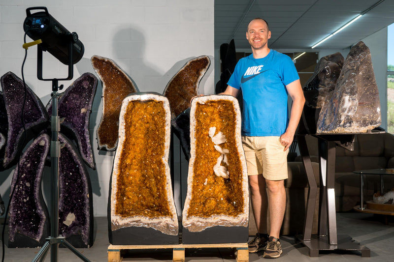 Pair of X - Large 3.6 Ft Citrine Geodes with Golden Orange Druzy & Calcite Inclusions - E2D Crystals & Minerals