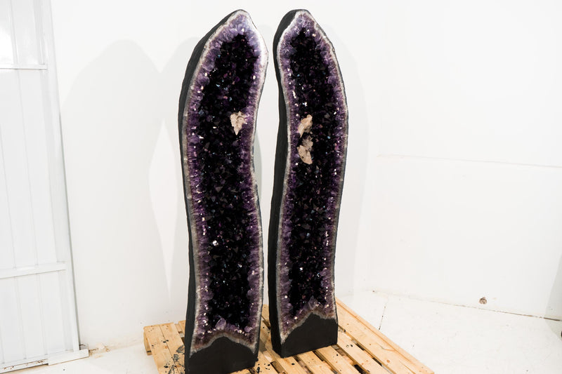 5.5 Ft Tall Amethyst Cathedral Geodes Pair with Deep Purple Druzy and Rare Calcite Inclusion - E2D Crystals & Minerals