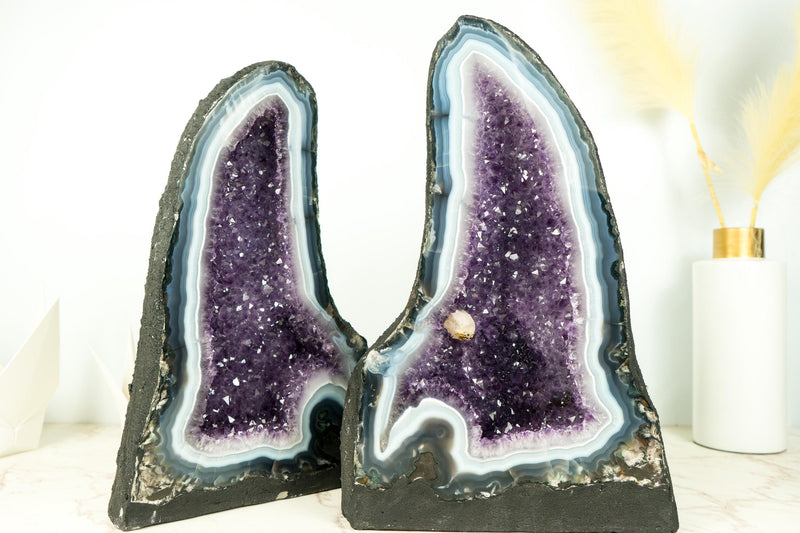 Pair of Natural Rare Agate Geode Cathedrals with Bold White & Blue Lace Agate, Lavender Purple Amethyst and Calcite - 64 Lb - E2D Crystals & Minerals