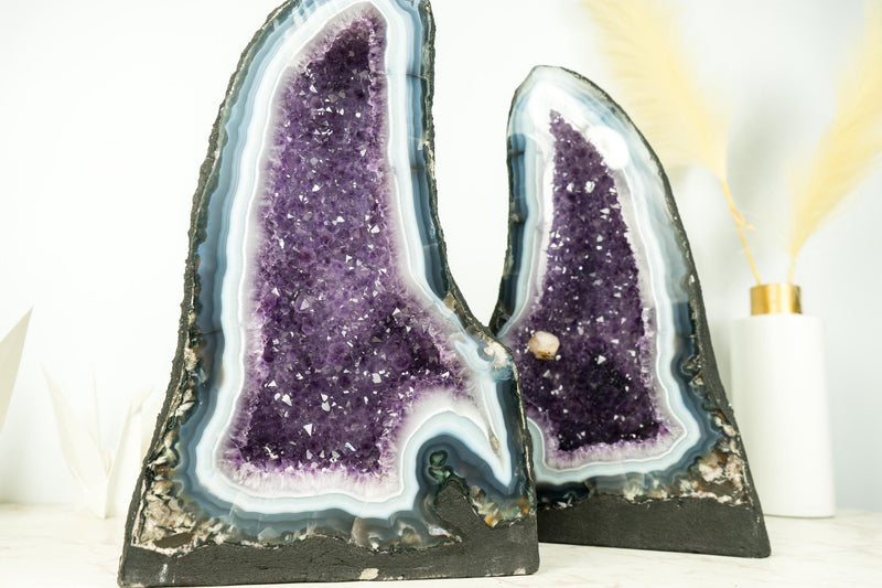 Pair of Natural Rare Agate Geode Cathedrals with Bold White & Blue Lace Agate, Lavender Purple Amethyst and Calcite - 64 Lb - E2D Crystals & Minerals