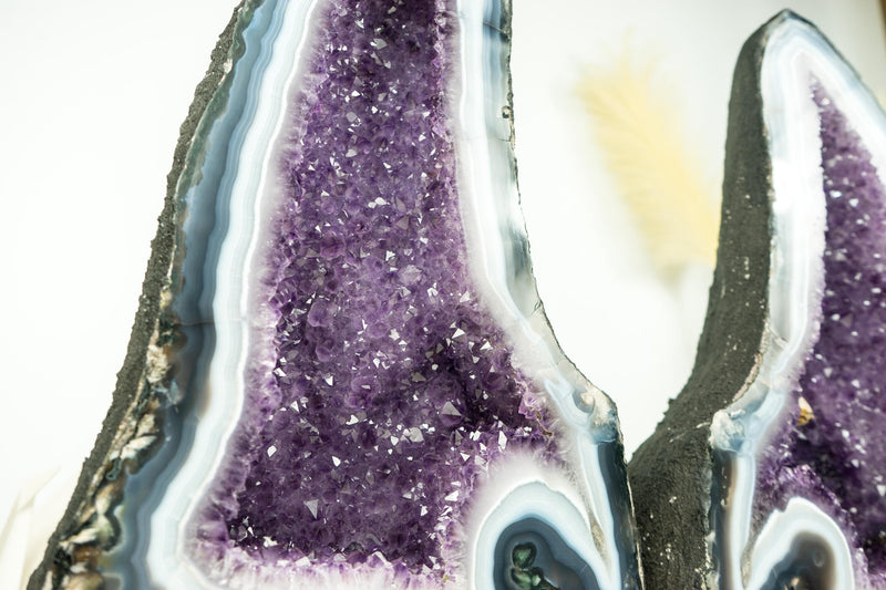 Pair of Natural Rare Agate Geode Cathedrals with Bold White & Blue Lace Agate, Lavender Purple Amethyst and Calcite - 64 Lb - E2D Crystals & Minerals