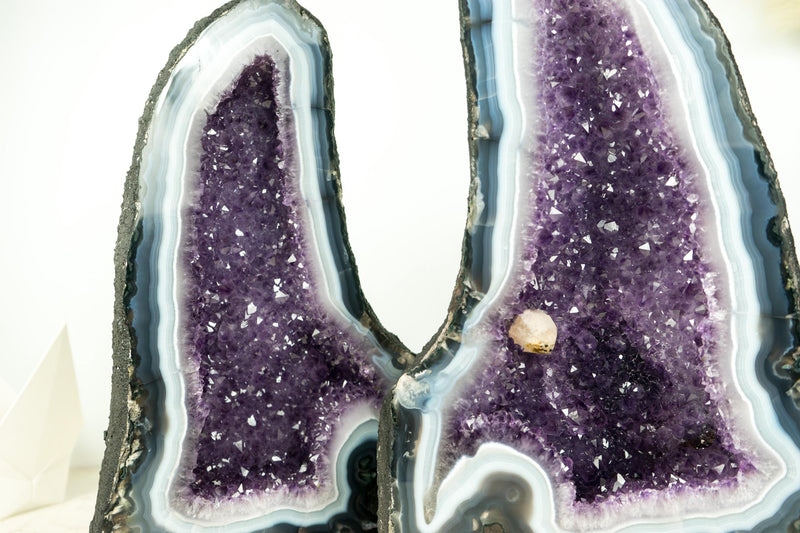 Pair of Natural Rare Agate Geode Cathedrals with Bold White & Blue Lace Agate, Lavender Purple Amethyst and Calcite - 64 Lb - E2D Crystals & Minerals