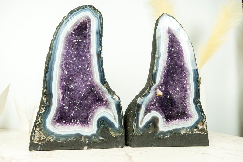 Pair of Natural Rare Agate Geode Cathedrals with Bold White & Blue Lace Agate, Lavender Purple Amethyst and Calcite - 64 Lb - E2D Crystals & Minerals