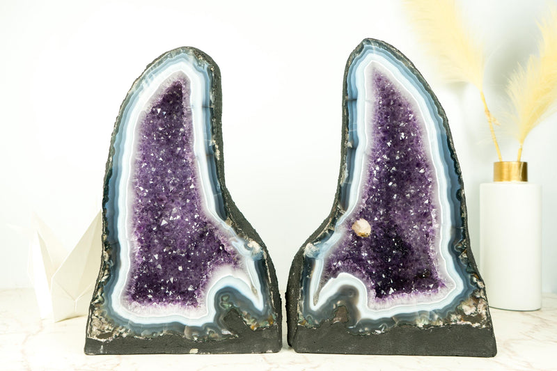 Pair of Natural Rare Agate Geode Cathedrals with Bold White & Blue Lace Agate, Lavender Purple Amethyst and Calcite - 64 Lb - E2D Crystals & Minerals