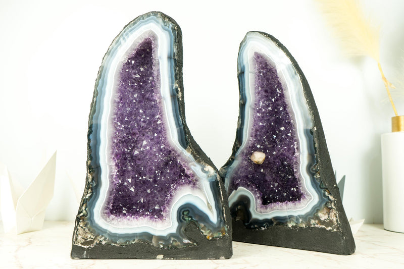 Pair of Natural Rare Agate Geode Cathedrals with Bold White & Blue Lace Agate, Lavender Purple Amethyst and Calcite - 64 Lb - E2D Crystals & Minerals