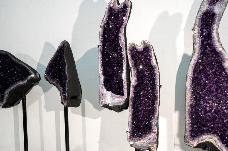 Sculptural Pair of Amethyst Geodes Set on Custom Stands, 6.6 Ft. Tall, Premium Deep Purple Amethyst Crystal, X - Large Decorative Crystal - E2D Crystals & Minerals