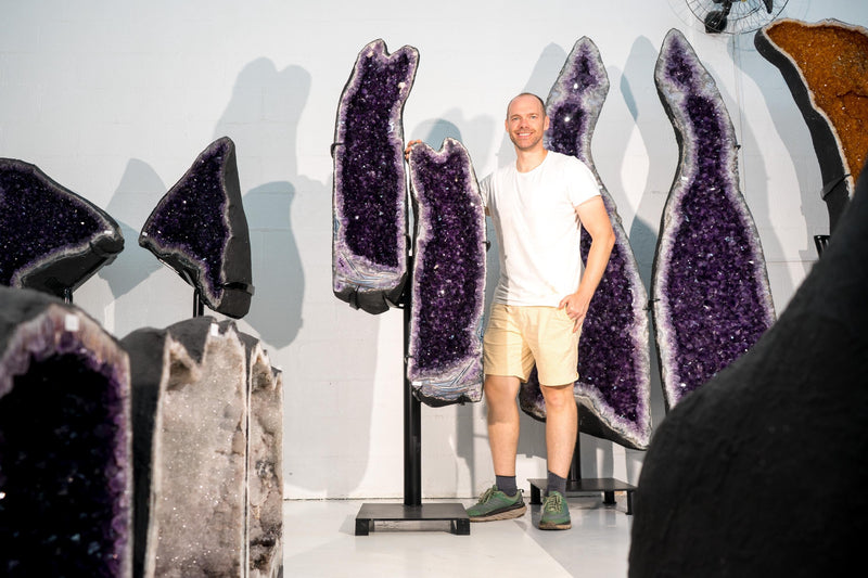 Sculptural Pair of Amethyst Geodes Set on Custom Stands, 6.6 Ft. Tall, Premium Deep Purple Amethyst Crystal, X - Large Decorative Crystal - E2D Crystals & Minerals