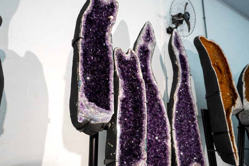 Sculptural Pair of Amethyst Geodes Set on Custom Stands, 6.6 Ft. Tall, Premium Deep Purple Amethyst Crystal, X - Large Decorative Crystal - E2D Crystals & Minerals