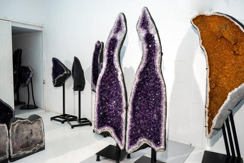 Sculptural 9 Ft Tall Pair of Giant Amethyst Geodes with High - Grade Dark Purple Amethyst - Natural X - Large Statement Crystal, 1160 Lb - E2D Crystals & Minerals