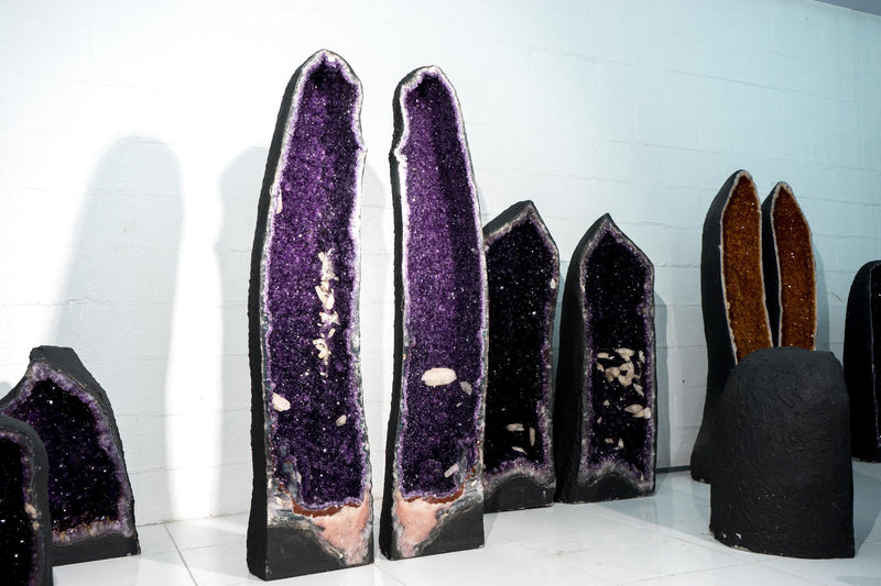 Fantastic 4.7 Ft Pair of Amethyst Cathedral Geodes – High - Grade Sparkly Purple Amethyst with Calcite Inclusions, 506 Lb - E2D Crystals & Minerals