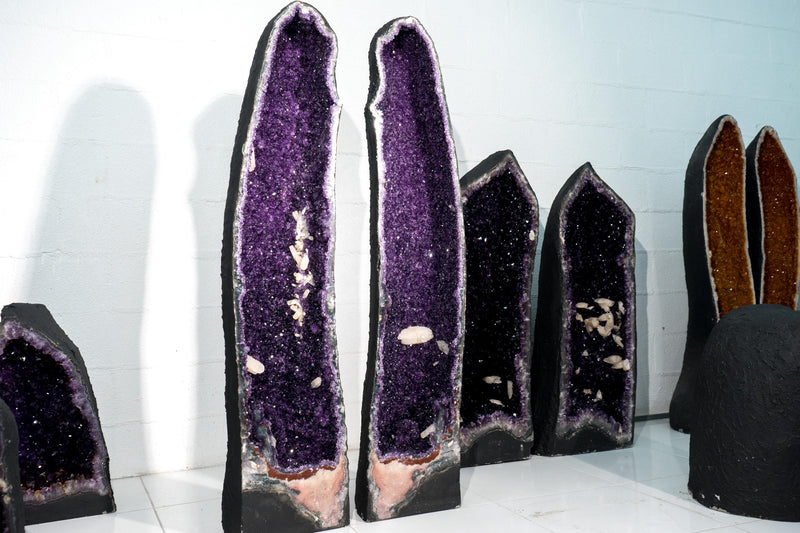 Fantastic 4.7 Ft Pair of Amethyst Cathedral Geodes – High - Grade Sparkly Purple Amethyst with Calcite Inclusions, 506 Lb - E2D Crystals & Minerals