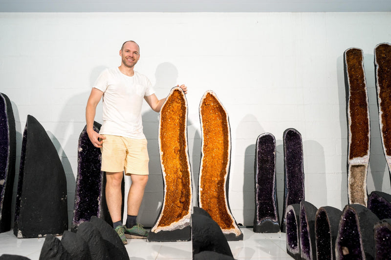 Pair of Sculptural Large AAA Citrine Geodes, 4.5 Ft. Tall and Symmetrical with Sparkly Golden Orange Druzy, 452 Lb. - E2D Crystals & Minerals