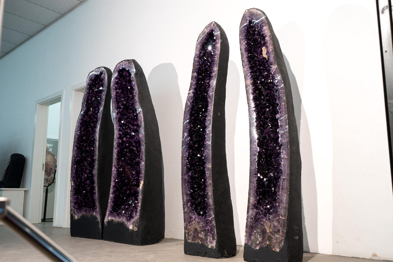 6 Ft Tall Pair of Large Dark Purple Amethyst Geodes with Sparkly Druzy and Calcite Inclusion - E2D Crystals & Minerals