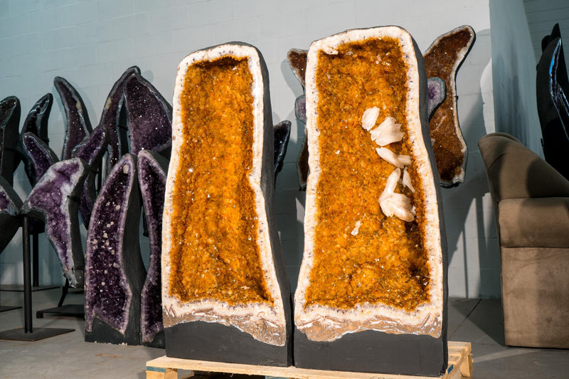 Pair of X - Large 3.6 Ft Citrine Geodes with Golden Orange Druzy & Calcite Inclusions - E2D Crystals & Minerals