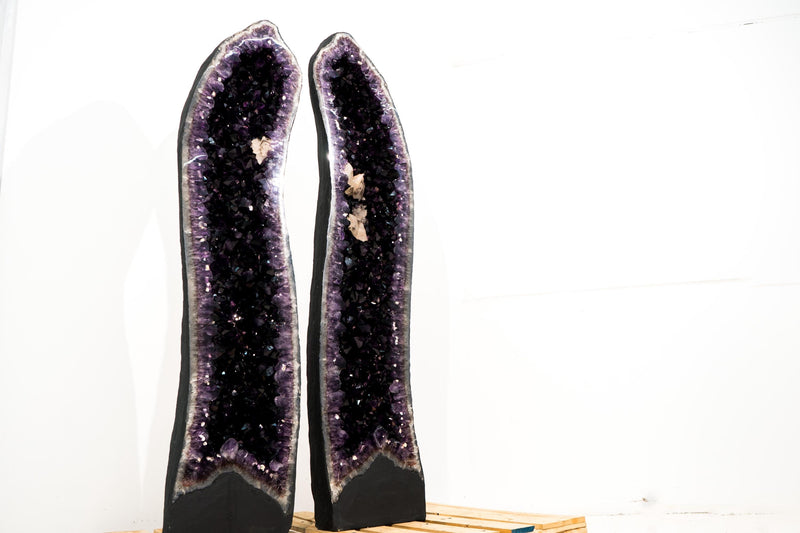 5.5 Ft Tall Amethyst Cathedral Geodes Pair with Deep Purple Druzy and Rare Calcite Inclusion - E2D Crystals & Minerals