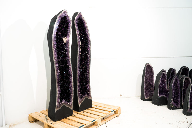 5.5 Ft Tall Amethyst Cathedral Geodes Pair with Deep Purple Druzy and Rare Calcite Inclusion - E2D Crystals & Minerals