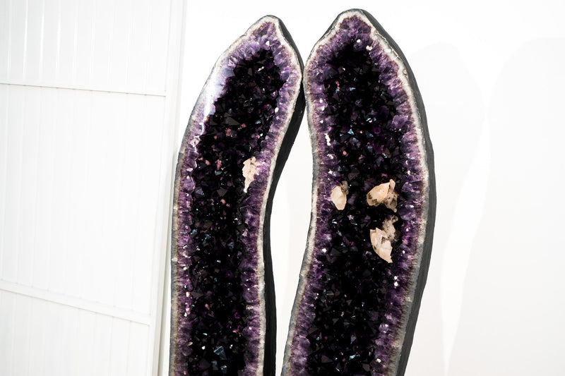 5.5 Ft Tall Amethyst Cathedral Geodes Pair with Deep Purple Druzy and Rare Calcite Inclusion - E2D Crystals & Minerals