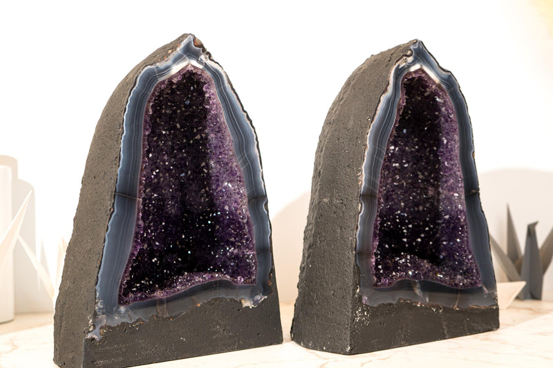 Pair of Deep Purple Amethyst Geodes on Intact Blue Lace Agate Matrix