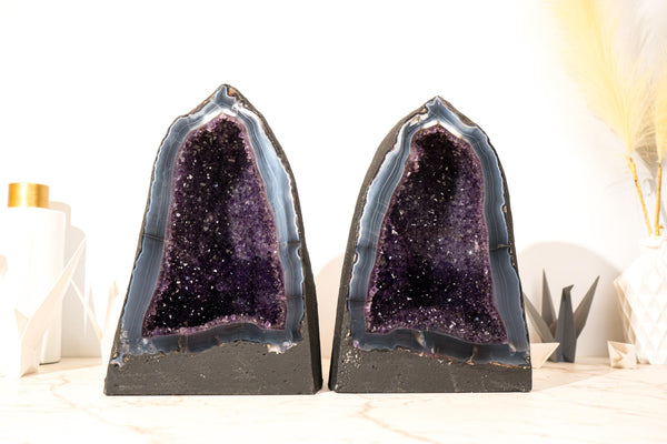 Pair of Deep Purple Amethyst Geodes on Intact Blue Lace Agate Matrix