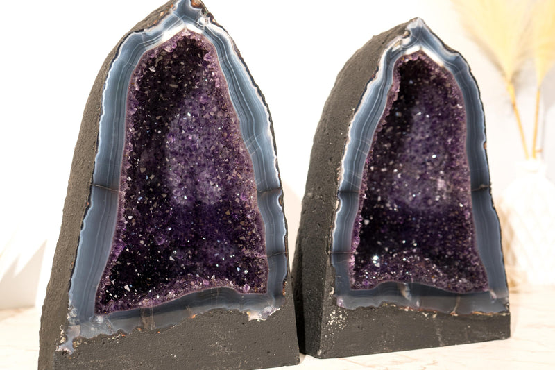 Pair of Deep Purple Amethyst Geodes on Intact Blue Lace Agate Matrix