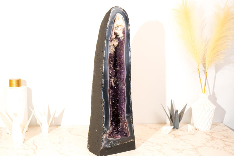 Rare Tall Deep Purple Amethyst Geode Cathedral with Blue Lace Agate & Calcite Inclusions