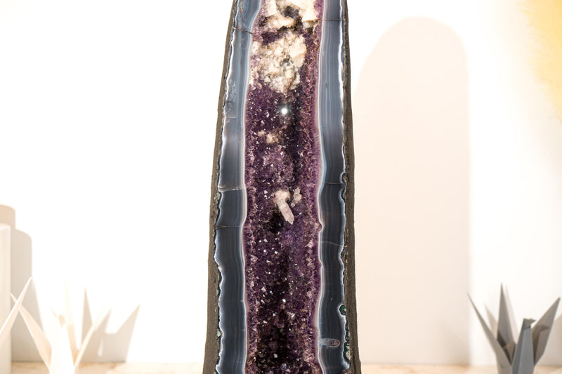 Rare Tall Deep Purple Amethyst Geode Cathedral with Blue Lace Agate & Calcite Inclusions