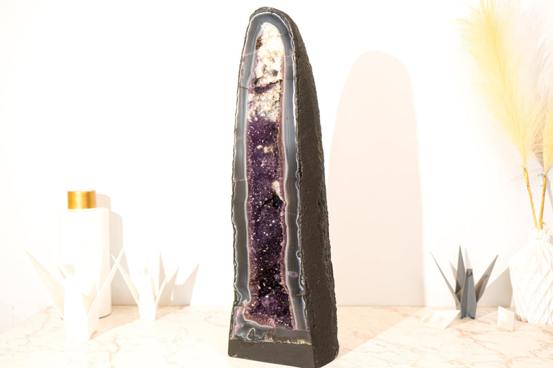 Rare Tall Deep Purple Amethyst Geode Cathedral with Blue Lace Agate & Calcite Inclusions