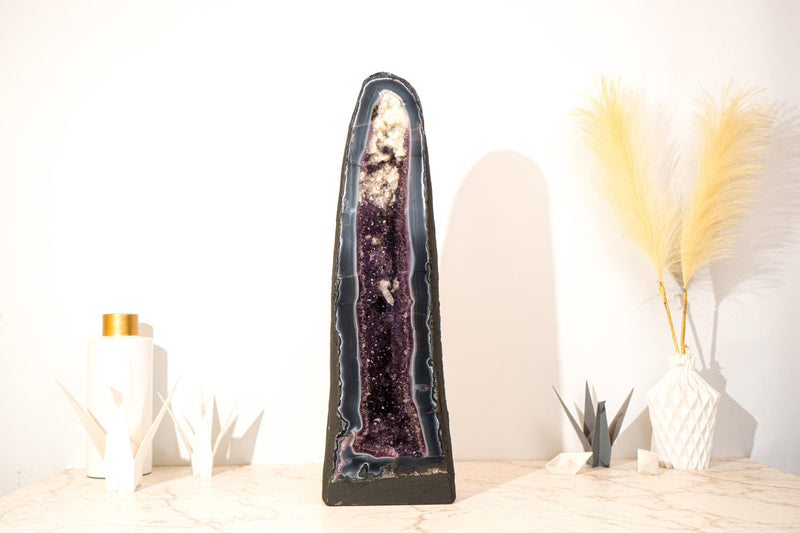 Rare Tall Deep Purple Amethyst Geode Cathedral with Blue Lace Agate & Calcite Inclusions