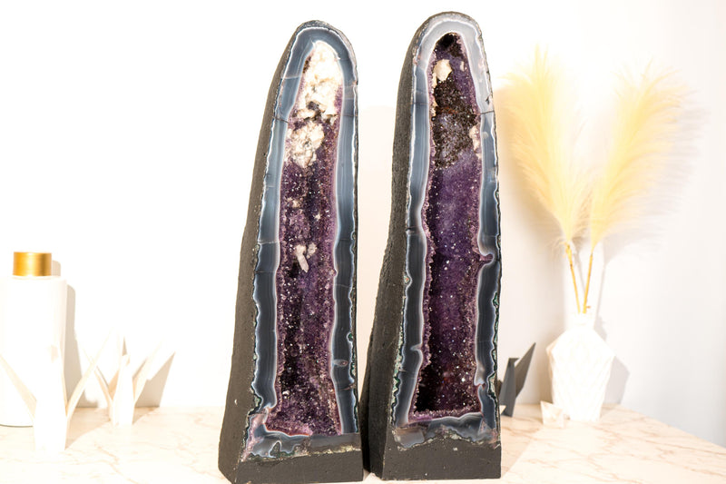 Rare Pair of Bookmatching Tall Deep Purple Amethyst Geode Cathedrals with Blue Lace Agate & Calcite Inclusions - 25 In - 94 Lb - E2D Crystals & Minerals