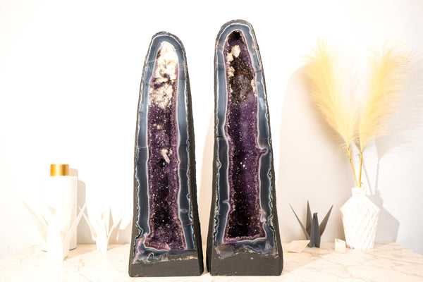 Rare Pair of Bookmatching Tall Deep Purple Amethyst Geode Cathedrals with Blue Lace Agate & Calcite Inclusions - 25 In - 94 Lb - E2D Crystals & Minerals