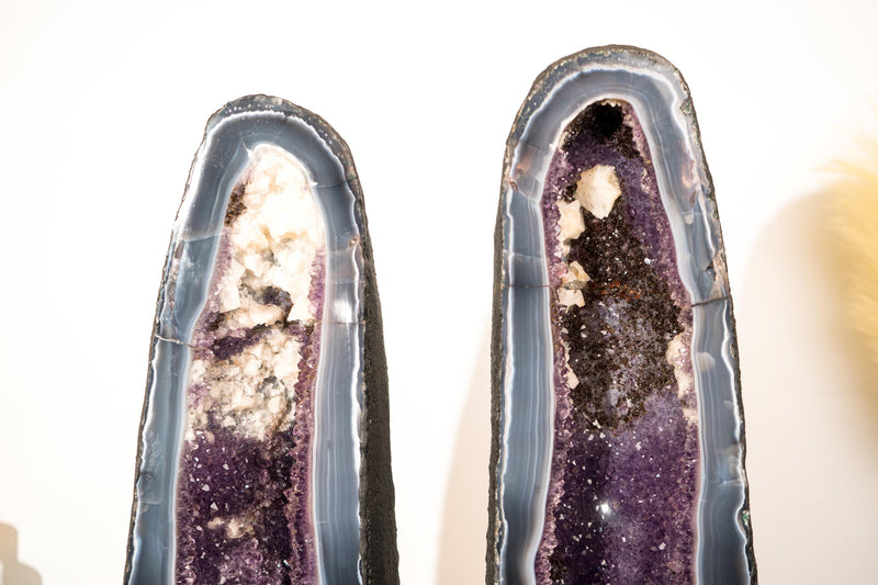 Rare Pair of Bookmatching Tall Deep Purple Amethyst Geode Cathedrals with Blue Lace Agate & Calcite Inclusions - 25 In - 94 Lb - E2D Crystals & Minerals