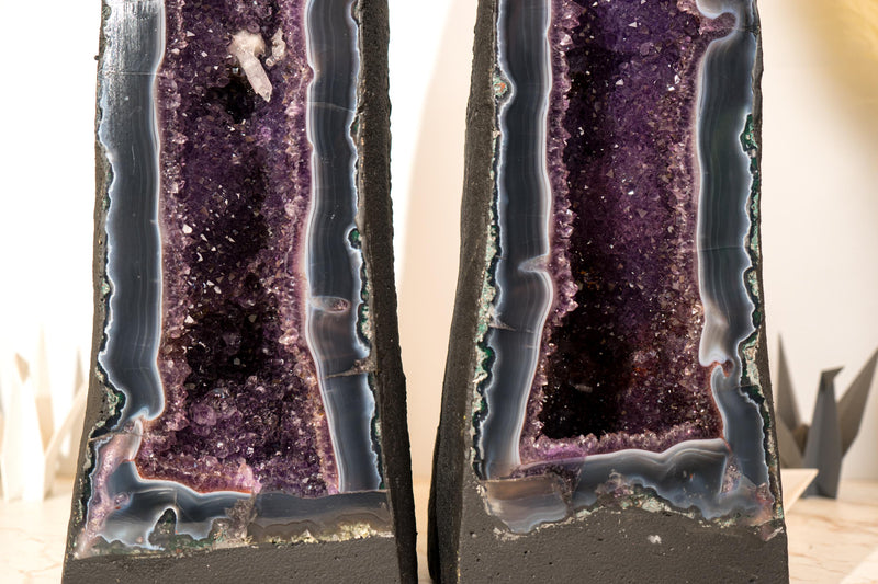 Rare Pair of Bookmatching Tall Deep Purple Amethyst Geode Cathedrals with Blue Lace Agate & Calcite Inclusions - 25 In - 94 Lb - E2D Crystals & Minerals