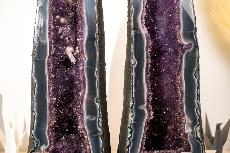 Rare Pair of Bookmatching Tall Deep Purple Amethyst Geode Cathedrals with Blue Lace Agate & Calcite Inclusions - 25 In - 94 Lb - E2D Crystals & Minerals