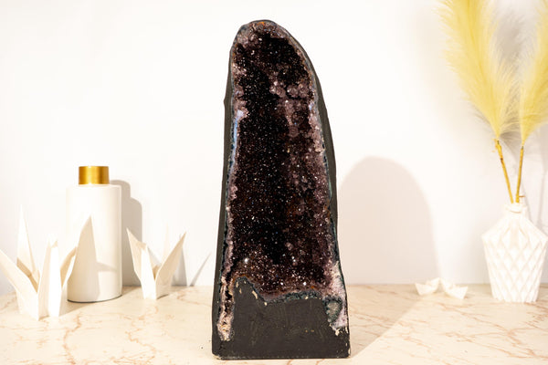 Rare Amethyst Cathedral Geode: AAA - Grade Crystal with Black Galaxy Druzy & Golden Goethite Cacoxenite - 18 In - 28lb - E2D Crystals & Minerals